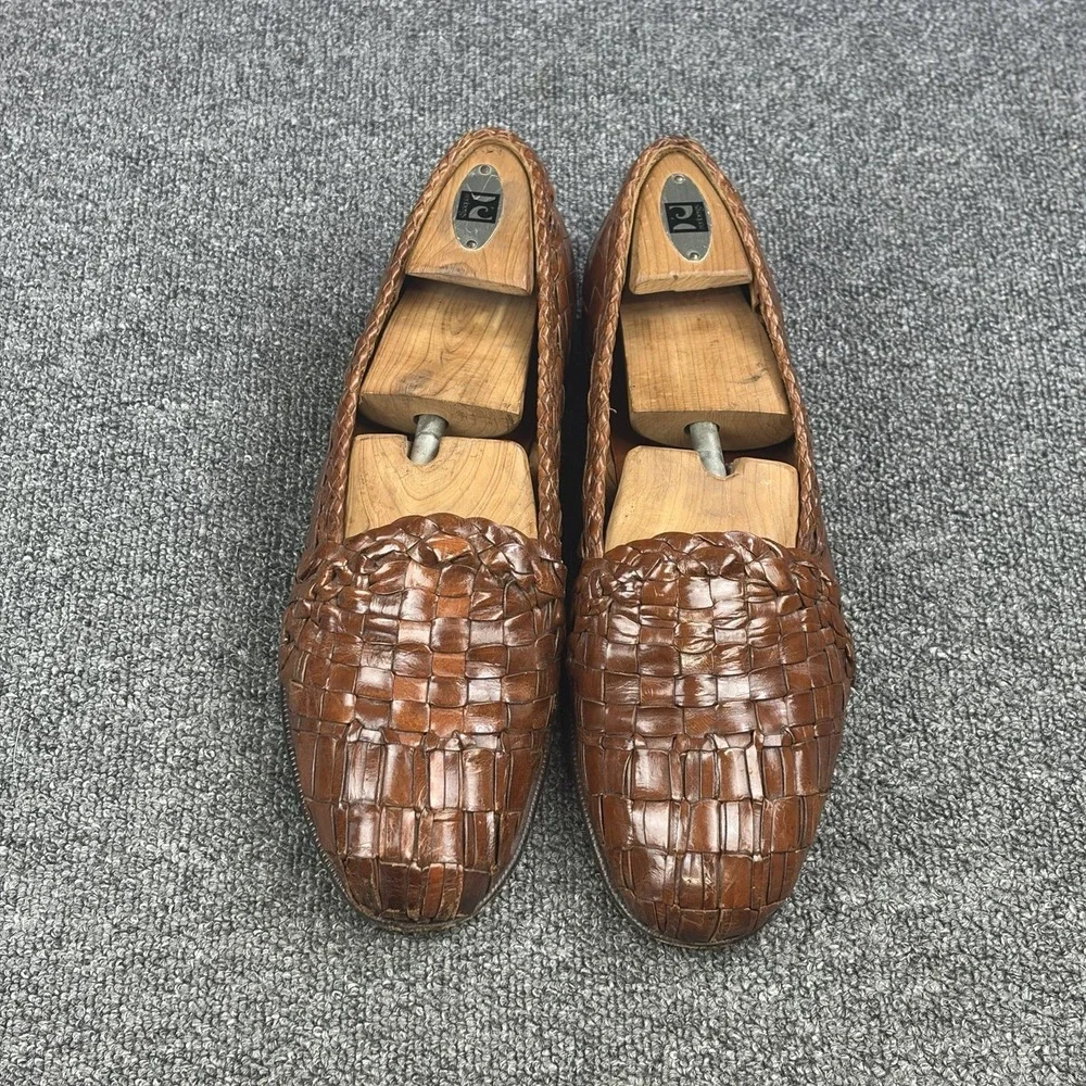 Moreschi Woven Leather Loafers Mens 10 Brown Handmade Italy Basket Weave Slip On